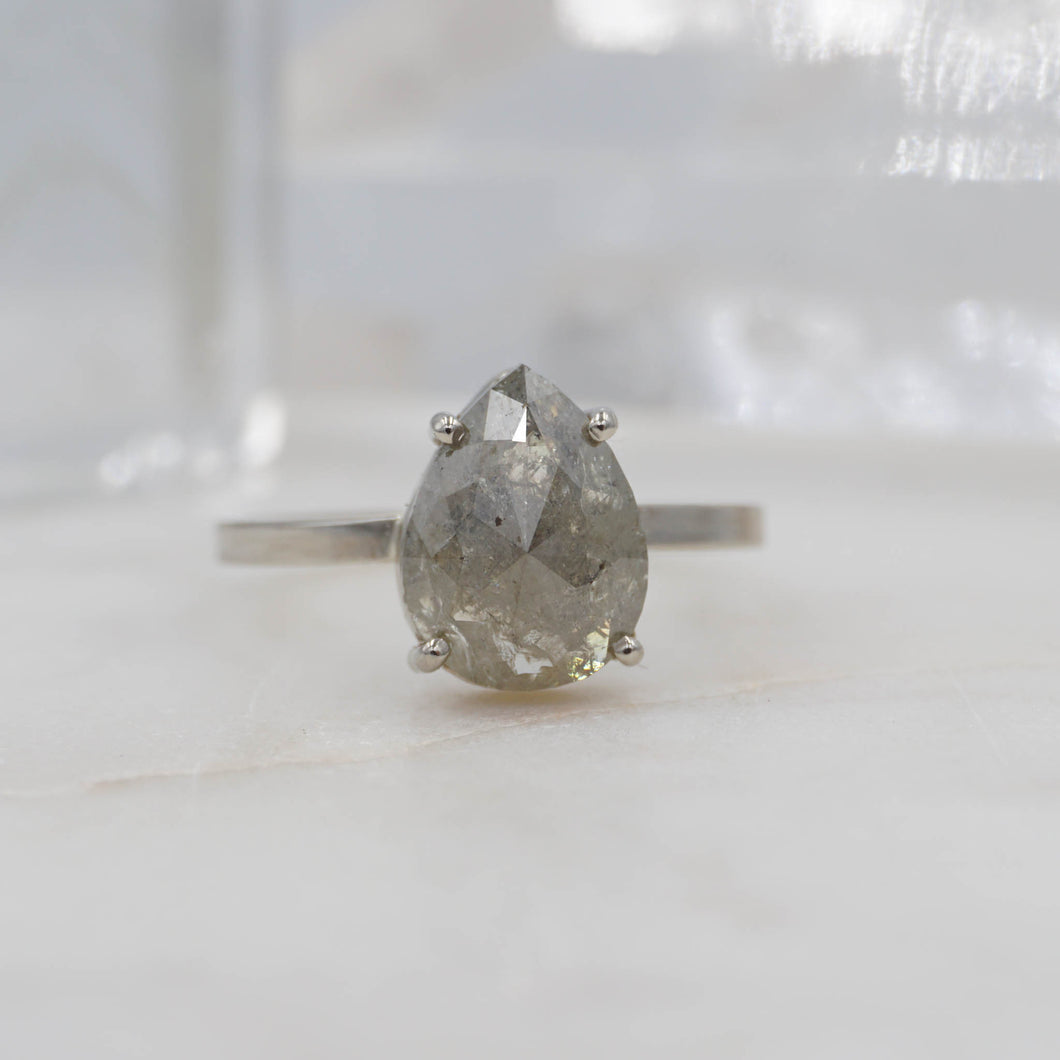 2.1 Carat Salt and Pepper Pear Diamond Engagement Ring set in 14K White Gold | Michelle Kobernik